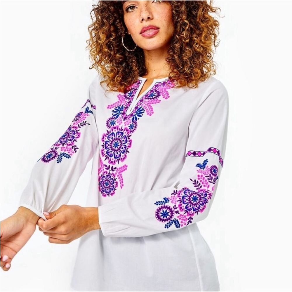 Lilly Pulitzer Coretta Tunic Top in Resort White Pink & Purple sz S NWT